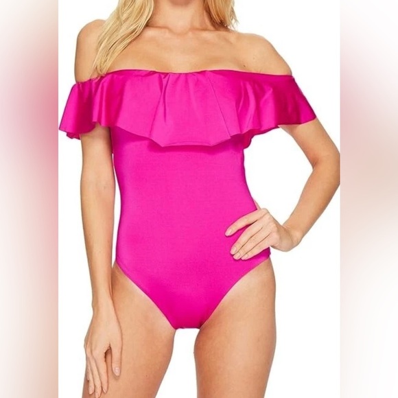 Trina Turk Women's Ruffle Off the Shoulder One Piece Swimsuit Hot Pink Size 8 - Picture 8 of 9